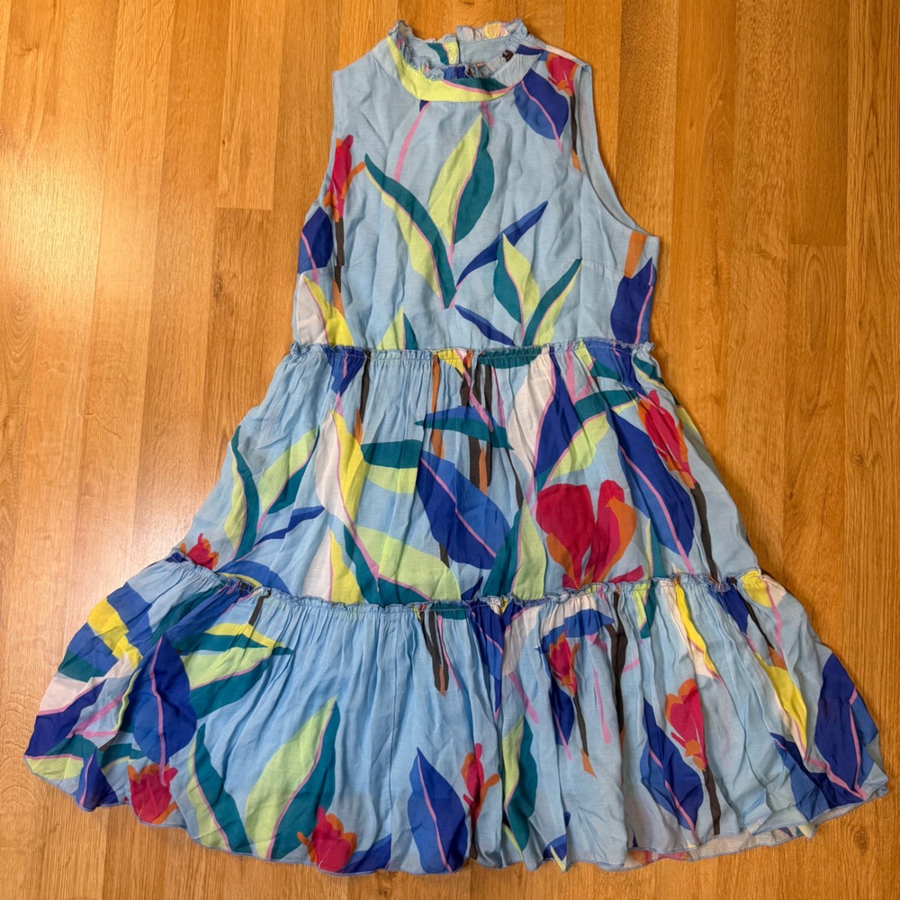 Oliphant Silk/Cotton Tuckernuck Blue Abstract High Neck Midi Dress Sz Small